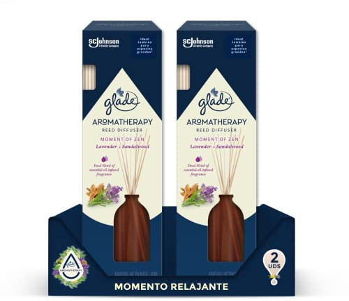 Glade Aromatherapy Varillas fragancia Moment of Zen [Lavender & Sandalwood], Líquido con Aceites Esenciales, 16 varillas de ratán, más de 90 días de duración. Pack de 2