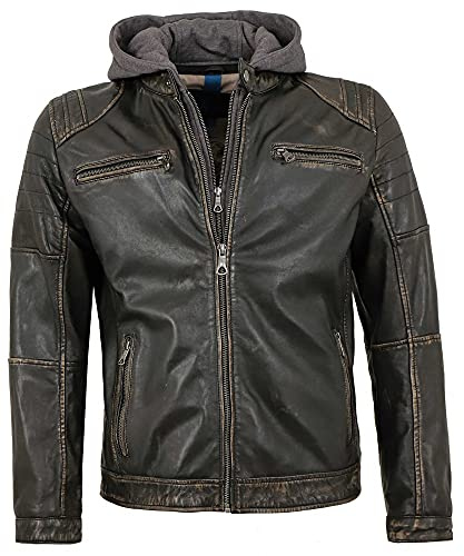 Jack Hanter - Herren Lederjacke Lammnappa Bikerjacke Kapuze schwarz-beige Größe 52