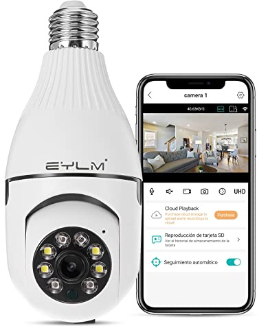 EYLM Light Bulb Security Camera 3MP, 2.4GHz WiFi 1296P Wireless Cameras, 355 Degree View Bulb Camera for Home Security with Motion Detection Alarm Night Vision Two-Way-Talk into E27 Light Bulb Socket
