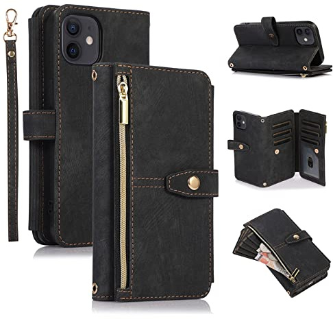 UEEBAI Hülle für iPhone 12/12 Pro, Leder Klapphülle, Retro Schwarz | 9 Kartenfäche Lederhülle mit Umhängegurt Handschlaufe Ständer Reißverschluss Handyhülle Magnetverschluss Wallet Flip Case