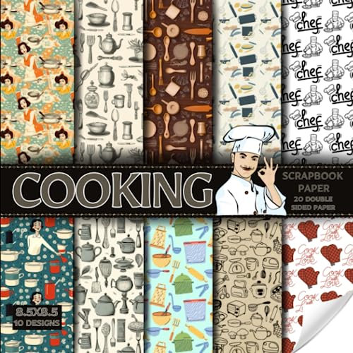 Cooking scrapbook paper, 8.5x8.5, 10 Designs, 20 Double-Sided Sheets: Cooking pattern Scrapbooking Paper for Junk Journals, Decorative theme craft ... & Mixed Media, Origami, Collage & Card Making