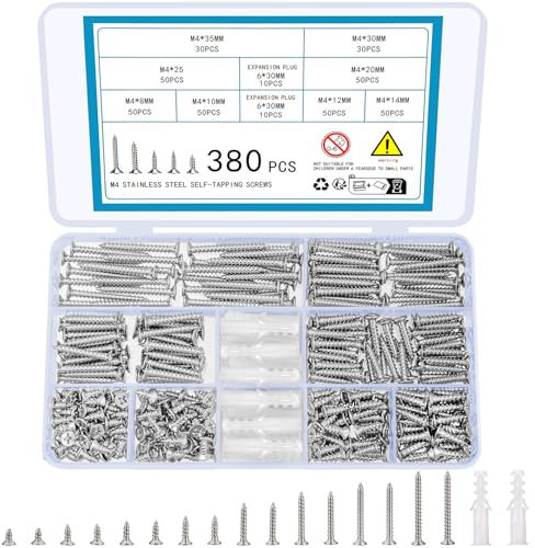 TOOINKCV 380 Viti Selezione di Autofilettanti M4, Set di Viti a Testa Piana a Croce, Viti per Legno e Lamiera a Testa Piana, Inclusi 20 Tasselli Espansibili