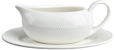 LINXUXIE Salsera blanca de 9 onzas con bandeja, plato de cerámica estriada para servir salsa con boquilla grande sin goteo para salsa, crema de ensalada, leche, caldo, pimienta negra, Acción de