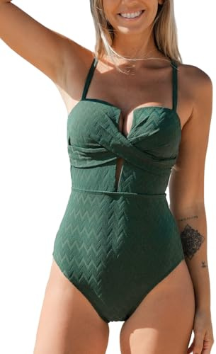 CUPSHE Women's Swimming Costume One Piece Swimsuit Wrapped Back Tie Plunge Cutout Swimwear Molded Cups Army Green S