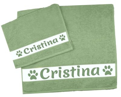 MAGIE DI CASA Personalisierte Handtücher mit Namen, Set 2 Stück Schwamm aus Frottee, Gesicht + Gästetuch aus 100% Baumwolle, hergestellt in Italien (Salbeigrün, Pfote)