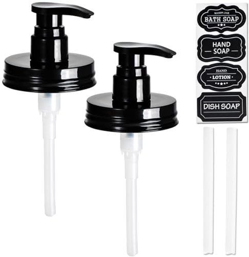 Amolliar Plastic Mason Jar Soap Dispenser Lids(2) - Universal Pump Replacement for Regular Mouth Jar - Long Tubes & Cute Lables -Farmhouse Decor for Kitchen, Bathroom, Dish Soap, Lotions, Hand Soap