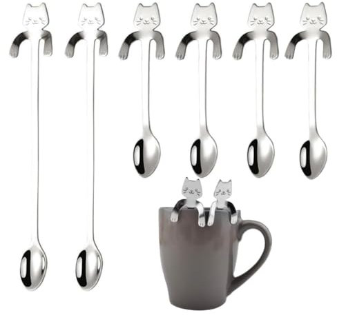 HawZeerLy 6 Pcs Cat Spoon Coffee Tea Spoon Cat Dessert Spoons Mini Cat Coffee Spoon for Tea Soup Sugar Dessert Appetizer Seasoning Bistro Spoon Hanging Cup Spoon Kitchen Gadget, GF451