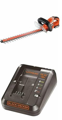 Bundle of Black+Decker Akku Heckenschere (mit E-Drive Technologie zum Schneiden bis großer Hecken – 18mm Schnittstärke – 18V – 2,6kg leicht) GTC1845L20 + Black+Decker Multivolt-Schnellladegerät