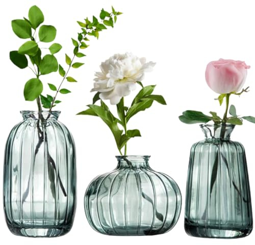 MEETOZ Set di 3 piccoli vasi in vetro per fiori, decorazione da tavolo per casa, ufficio o matrimoni