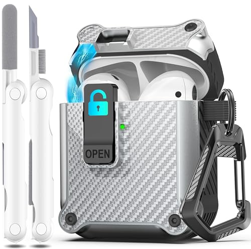 R-fun Kompatibel mit AirPods 2 Generation Hülle 2019, 1 Gen 2016 Case Cover, automatisches Pop-Up-Deckel-Design für Apple Airpods Hülle mit Reinigungsset & Schlüsselanhänger,Kohlefaser-Silber