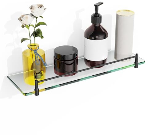 KOCOK Glas-Badregal für die Wand, 40,6 cm, schwarz, schwebendes Glasregal für Badezimmer, modern, Edelstahl, gehärtetes Glas, Regale, Wandmontage, Zubehör