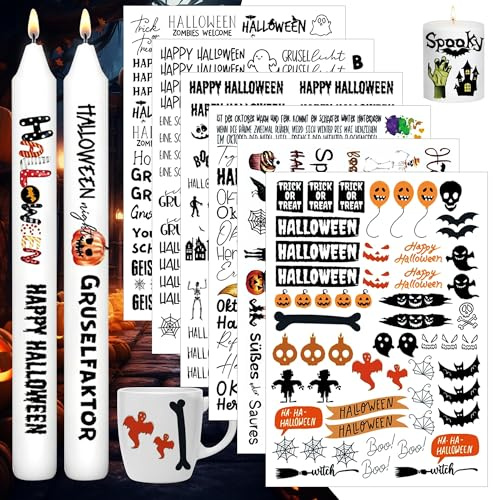 6 Stück A5 Kerzen Tattoo - Halloween Kerzenfolie & Sticker - Wasserschiebefolie für Stabkerzen & DIY Geschenk