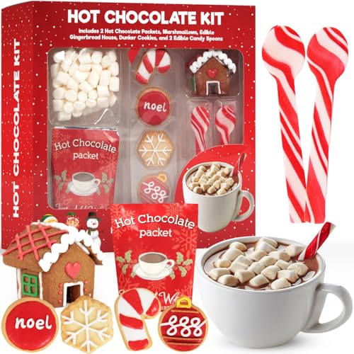 Hot Chocolate Kit, Premium Holiday Hot Cocoa Gift Sets With Hot Chocolate Packet, Edible Gingerbread House, Dunker Cookies, and Peppermint Candy Cane Spoons Gift