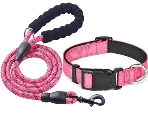 KOMUNJ Set collare e guinzaglio riflettente per cani, collare regolabile, guinzaglio in nylon resistente per cani di taglia media e grande (Rosa, M)