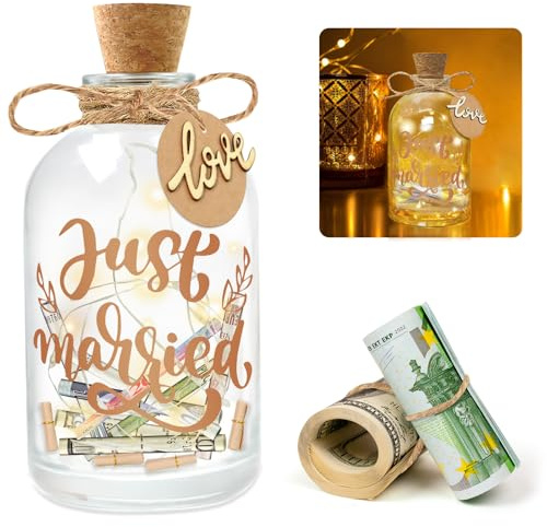 LED Flaschenlicht Hochzeitsgeschenke Geld für Brautpaar, Geldgeschenke Hochzeit Verpackungen, Hochzeitskasse Spardose Personalisiert Geschenke (Just Married)