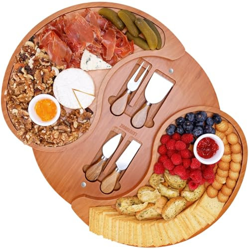 ZMARKRAFT® US Patented Large Double-Layer Charcuterie Board | Cheese Board Platter Set w 4 Knives and 2 Bowls | Premium Bamboo Serving Tray | Hoursewarming Christmas (Mocha Brown)