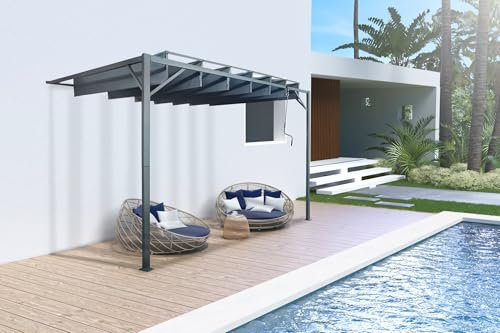 Cazeboo Pergola bioclimatique adossée Bahia, 3x3m, Gris, L.291x P. 288 x H.220 cm, Lames orientables Acier, Toit Polyester