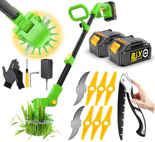 WeeLun Rasentrimmer Mit Akku, Motorsense akku Mit 2x2500mAh Batterie,3 x Metallklinge & 6 x Kunststoffklingen, kantenschneider und freischneider ​akku für effiziente Rasenpflege und Unkrautbeseitigung