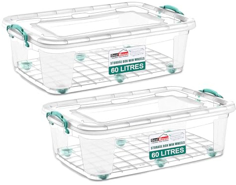 Best House | Plastic Storage Box with Lids and Wheels | Size 60L(L:72.4cm W:47.5cm H:27.6cm) | Set of 2 | Stackable Clear Durable Multipurpose Office Toys Home Tools Crafts Household(Large)-60 Litres