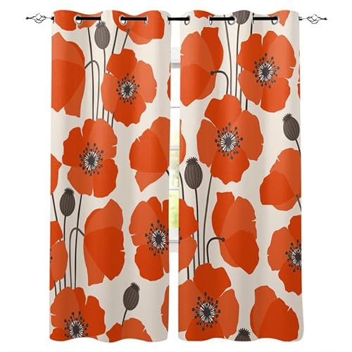 Rptidmv Vorhänge mit Ösen 2er Set Mohnblume Modern Blickdichte Vorhang Thermovorhang Kälteschutz Verdunklungsvorhänge für Wohnzimmer Schlafzimmer Kinderzimmer 140 x 175 cm (BxH)