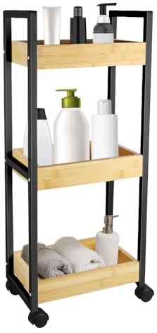 homewell Carrello da cucina con 3 ripiani, carrello da servizio, scaffale su ruote per cucina, camera da letto, ufficio, nero/bianco + colore legno, 20 x 30 x 80 cm (telaio nero + vassoio in legno)