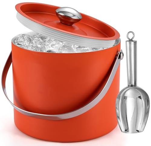 Ice Bucket (3 Liter) Stainless Steel Double Wall Insulated Ice Bucket with Lid & Scoop, Ice Buckets for Parties, Handle, Keeps Ice Cold for Hours, Great for Wine, Champagne, Cocktails (Orange)
