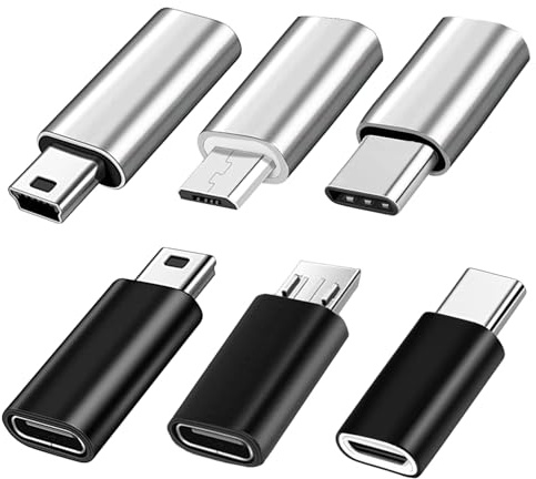 USB C Adapter (6 Stück), USB C auf MicroUSB Adapter, Typ-C zu MiniUSB, Kompatibel mit Smartphones, Tablets und Anderen Geräten (Schwarz und Silber)