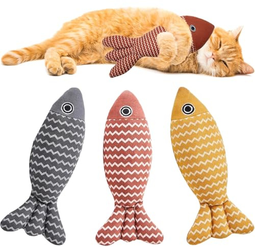 GGUFAY 3 Stück Plüsch-Fisch mit Katzenminze 22cm, Katzenminze Spielzeug, Interaktives Katzenspielzeug für Zahnpflege, Katzenspielzeug für Katzen Spielen und Kauen