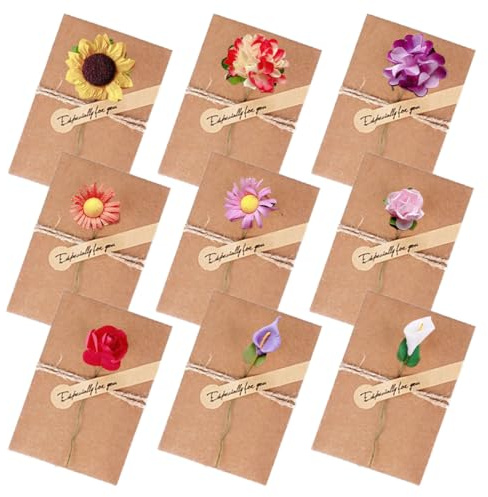 9 Stück Grußkarten-Postkartenumschläge Retro Kraftpapier Getrocknete Blumen verziert 3D-Postkarten Grußkarten mit Umschlägen Retro Kraftpapier verziert