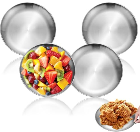 Umllpet Stainless Steel Round Tableware, 4-Piece Stainless Steel Camping Plate Set, Stainless Steel Round Tableware Plate Camping Set, Stainless Steel Crockery for Cameping, Picnic, Hiking, Kitchen