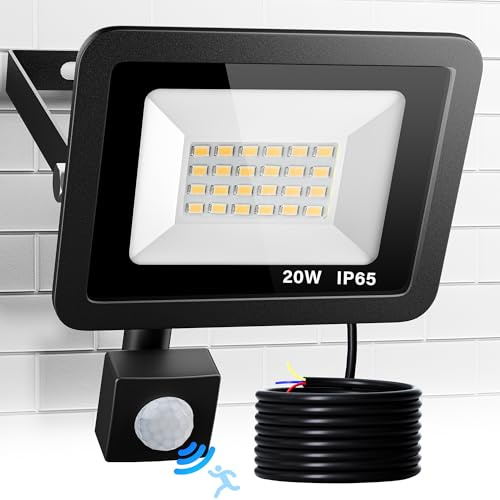 LED Strahler mit Bewegungsmelder Außen 20W 2000LM 3000K Aussenstrahler | 24 LED Beads Fluter Warmtweiß Superhell Scheinwerfer Flutlicht IP65 Wasserdicht Wandleuchte für Garten, Garage, Haus, Hof