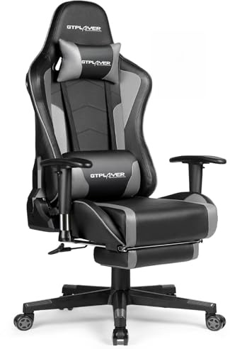 GTPLAYER Gaming Stuhl Gamer Stuhl mit Fußstütze Bluetooth Lautsprecher Ergonomischer Bürostuhl Computerstuhl Schreibtischstuhl PC Stuhl mit verstellbare Rückenlehne 200 kg Belastbarkeit grau