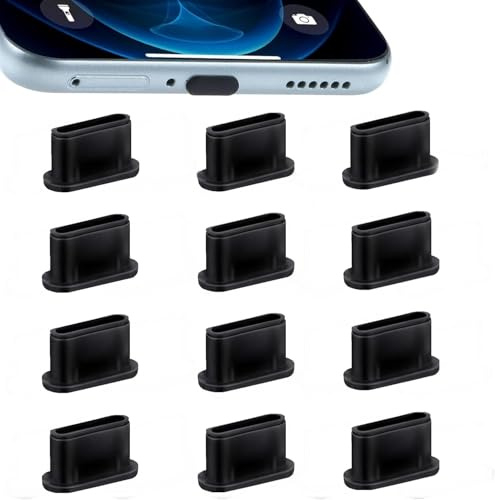 12PCS USB C Protector - USB C Dust Plug - Silicone Port Covers - Charging Port Caps - Dust Covers for iPhone 15/16 Plus Pro Max, Samsung S21–S24 Ultra, MacBook Huawei Xiaomi Type-C Devices (Black)