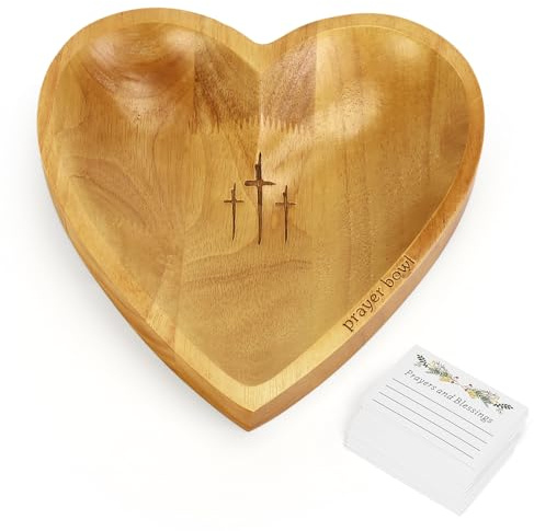 VAlinks Prayer Bowl with 24 Blessing Cards Wooden Prayer Bowl Rustic Heart Shaped Decor Dough Bowls Christian Gifts for Mom Dad (Light)
