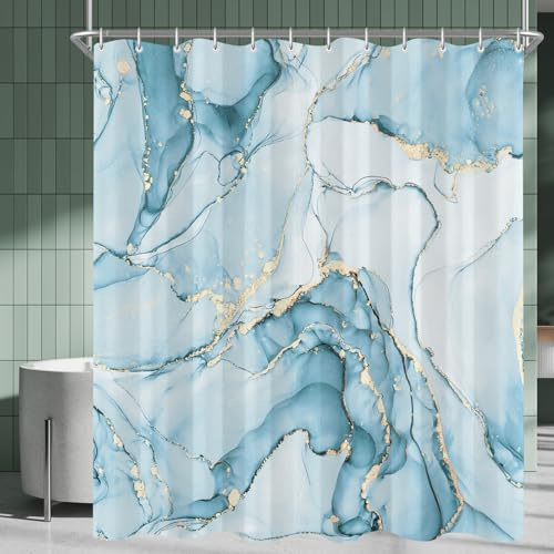 Lerores Duschvorhang 240x200 cm Hellblau Marmor, Beschwerter Saum Antischimmel, Wasserabweisend, Waschbar Polyester Badevorhänge mit 16 Ösen und Duschvorhangringen für Badezimmer, Badewanne