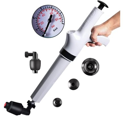 Qcesorib Rohrreiniger Druckluft Wc mit 4 Austauschbaren Köpfen, Pressluft Rohrreiniger mit Luftdruckanzeige, Hochdruck Toilettenkolben, Rohrreiniger Druckluft, für Waschbecken Bodenablauf
