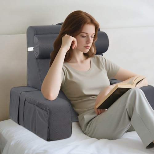 Reading Pillow for Bed Adults, Enhanced Back Support Pillow for Sitting up | Memory Foam Reading Cushion with Detachable Arms & Neck Roll, for Sitting up, Relaxing, Gaming, Watching TV, Dark Grey