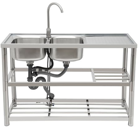 WFIETN Freistehende Edelstahl Spültisch 2 Becken (Links) Gastrospüle Spülbecken Doppeltes Waschbecken mit Warm- und Kaltwasserhahn und Ablassvorrichtung für Innen und außen