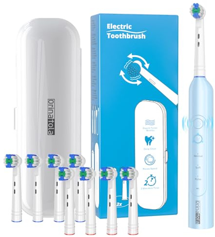 Orinatola Elektrische Zahnbürste 8,800VPM Rotierende Elektrische Zahnbürste mit 8 Bürstenköpfen (3 Modi), Mit 2m Smart Timer With Travel Case,Blau
