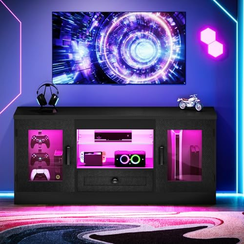 Concho Schwarz 106cm TV-Schrank für 55 Zoll-Fernseher mit Schubladen, Leuchten, Fernsehtisch, Gaming-Entertainment-Center, Lowboard mit verstellbarem Glasregal, Stand für Wohnzimmer, Schlafzimmer