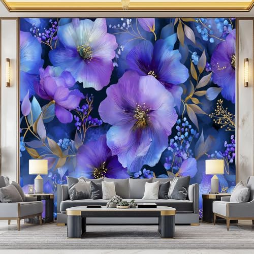 Carta da Parati Fotomurale XXL 200 x 140 cm, Blu Poster Murale 3D in Tessuto Non Tessuto per Parete TV Corridoio e Soggiorno, Decorazione Interni di Grande Impatto Fantasia Cielo Stellato Fiori Foglie