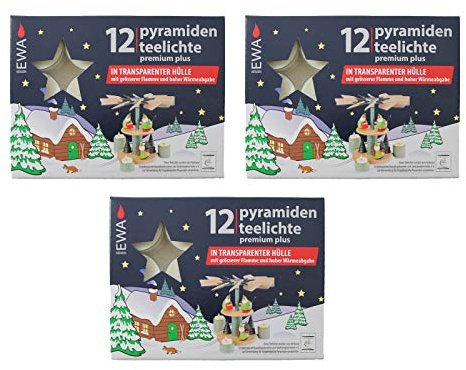 Ebersbacher Kerzenfabrik GmbH 3er Pack Pyramidenteelichte 12 Stück/Packung mit transparenter Hülle (3 x 12 Stück)