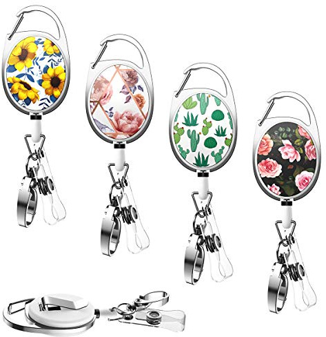 YoungRich 4PCS Retractable Schlüsselanhänger mit Gürtelclip 27 Zoll Einziehbare Nylonseil Sonnenblume Rose Kaktus Design Schwerlast Ausweis Schlüssel,Ausweishalter Kartenhalter Kartenhüllen 6.8x3.4cm