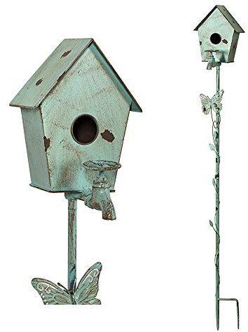 MOCOME Dekorativer Vogelhaus-Pfahl, Gartenstecker mit wiederverwertetem Wasserhahn, umweltfreundliches Metall-Vogelhaus mit Ständer für draußen, Hof, Terrasse (Blaugrün)