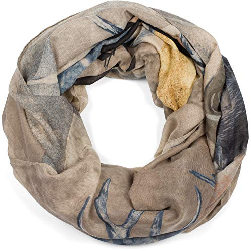 styleBREAKER Écharpe loop pour femmes avec imprimé cerf et division géométrique, écharpe tubulaire multicolore, foulard 01017131, couleur:Beige-bleu