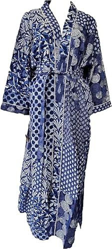 Indigotryck lång bomull strandkimono handgjord täcka upp badrockar kvinnor nattmorgonrock lätt morgonrock, vintage blus, brudtärna morgonrock, boho blus, brudrock, BLÅ, 50