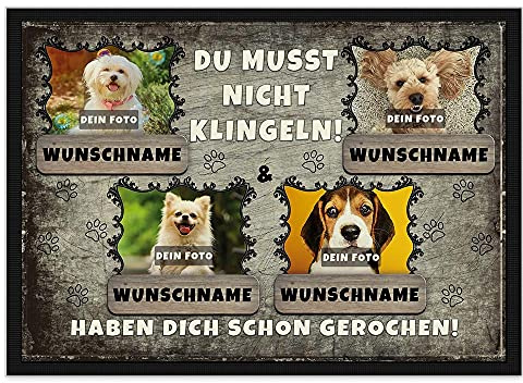 Print Royal Personalisierte Fußmatte Bedrucken mit Wunschfoto und Hundename - individualisierbar - selbst gestalten - als Geschenkidee - rutschfest - Vier Hunde 90 x 60 cm