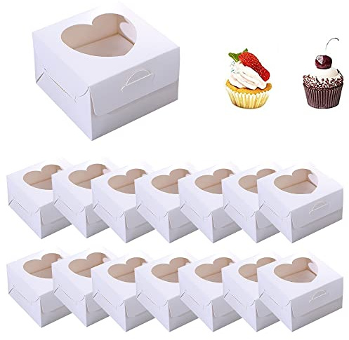 30 Stück Cupcake Boxen Durchsichtig, 10x10x6,5cm Papier Cupcake Schachtel, Geschenkbox mit Herz Klar Fenster, für Kekse, Kuchen, Muffins, Torten, Schokolade, Donuts (Weiß)