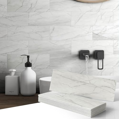 VAOVI Stick on Wall Tiles Marble Bathroom Panel Matte W Grey,16pcs