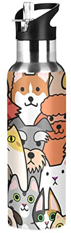Doodle Hund Katze Wasserflasche Trinkflasche mit Strohhalmdeckel Auslaufsicher Isolierte Edelstahl Thermosflasche für Jungen Mädchen Gym Sport 600ml